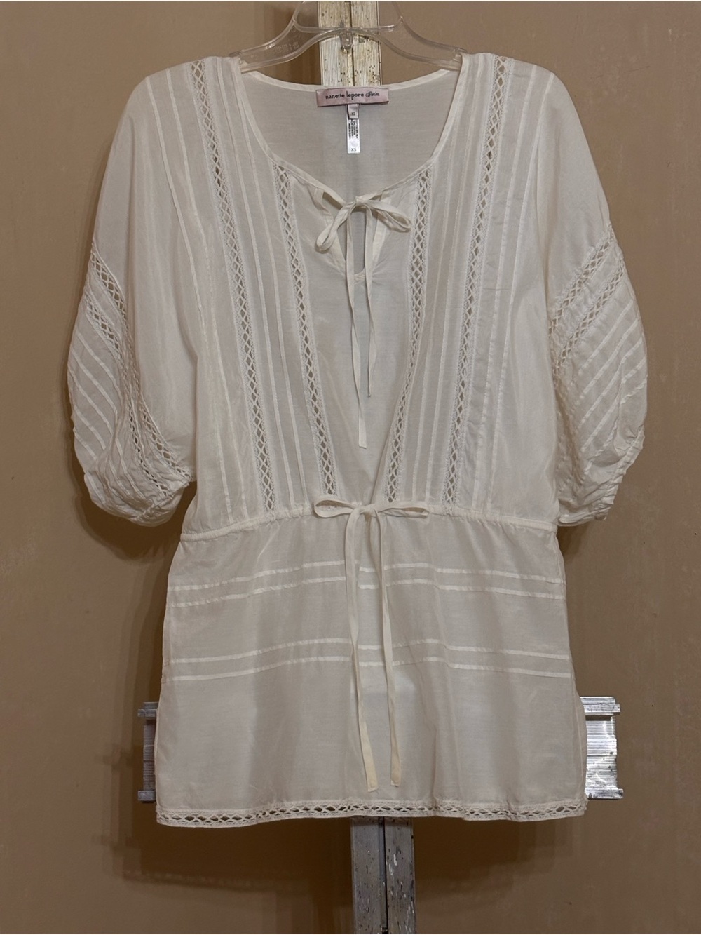 Nanette Lepore Cream Cotton/Silk Lace-Trim Peasant Swim Cover or Tunic Sz XS